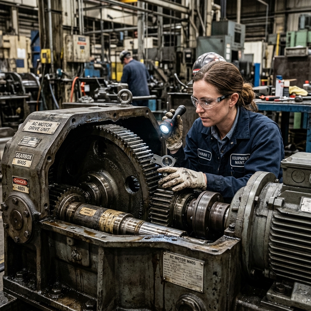 Close-up of a heavy-duty motor drive unit with gears being inspected by an engineer