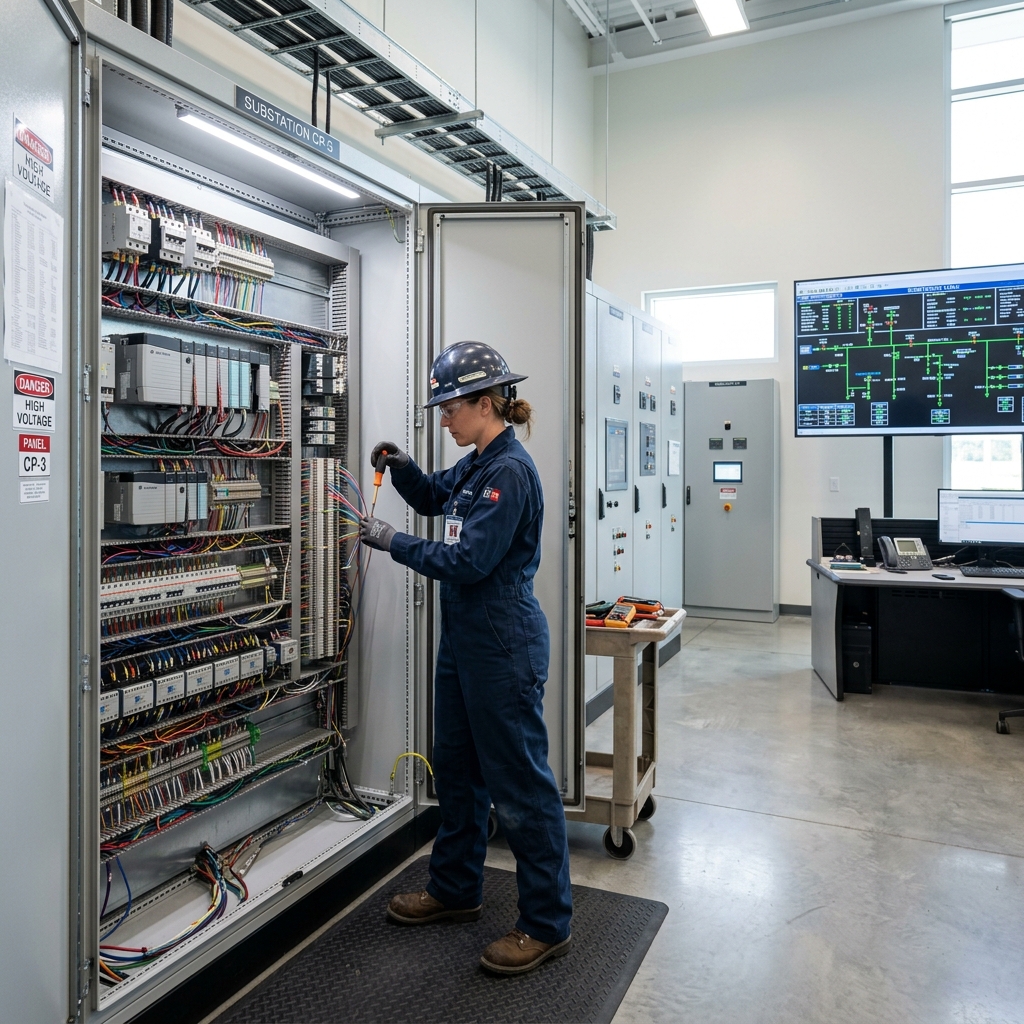 Engineer installing an industrial RTCC panel in a modern substation control room