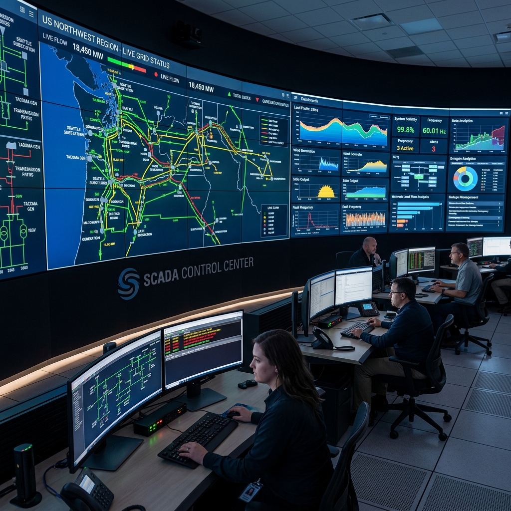 Modern control room with large screens displaying SCADA system data and analytics